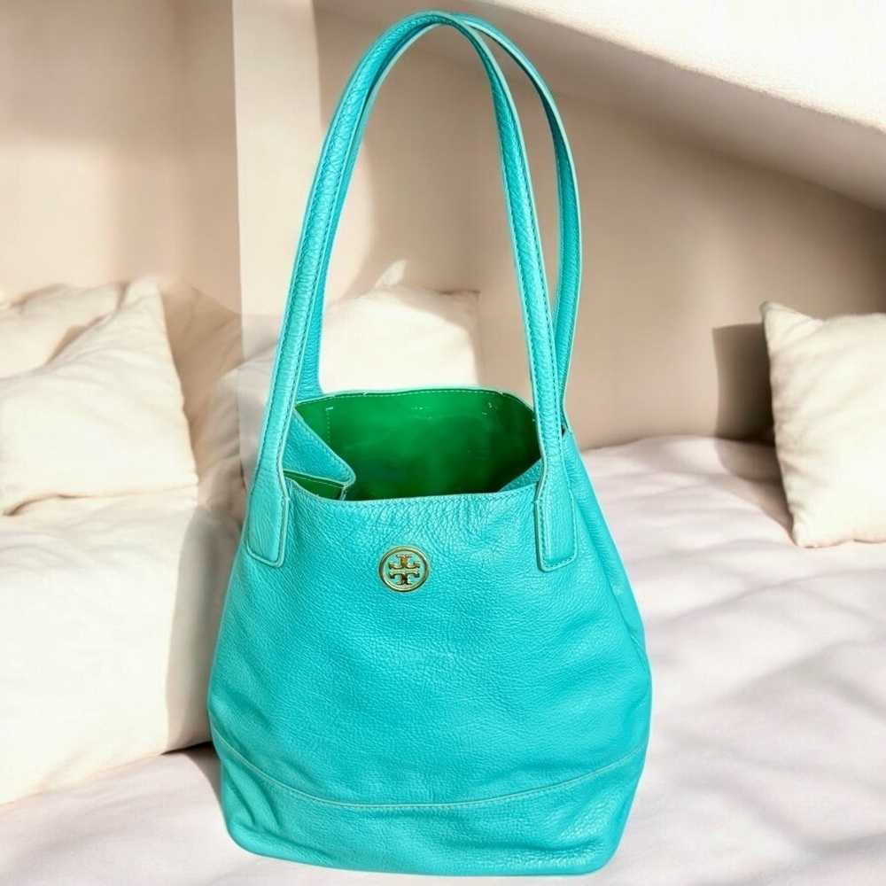 Tory Burch Aqua Turquoise Leather Michelle Tote - Picture 2 of 13